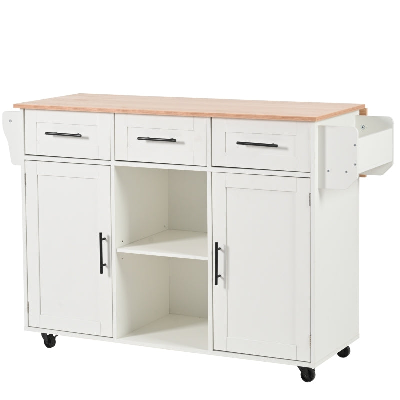 139x46(71)x91,5 cm großer Esswagen/Anrichte, Korpus weiß + Arbeitsplatte in Massivholzmaserung, klappbare Arbeitsplatte, Ablagetür, Rollen, auswechselbare Massivholzfüße, geeignet für Esszimmer, Küche