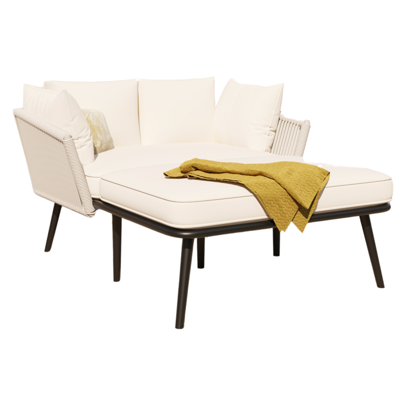 Gartensofa mit 2 Kissen und 2 Polster, Sonnenliege im Außenbereich, Gartenlounge, Kissen sind abnehmbar und waschbar, Beige