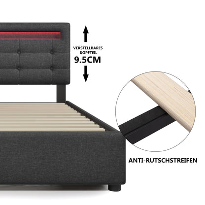 Polsterbett 140x200 cm Grau mit LED & 4 Schubladen - Doppelbett inkl. Lattenrost, Verstellbares Kopfteil & Stauraum (Ohne Matratze)