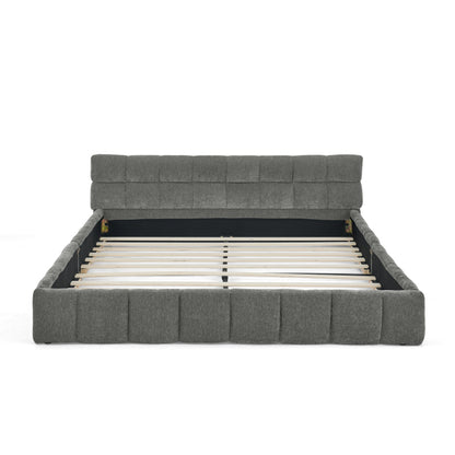 Doppelbett 140*200 cm, Bett mit seidig weichem Chenille - Bezug, quadratischem Steppdesign, Dark Gray (ohne Matratze)