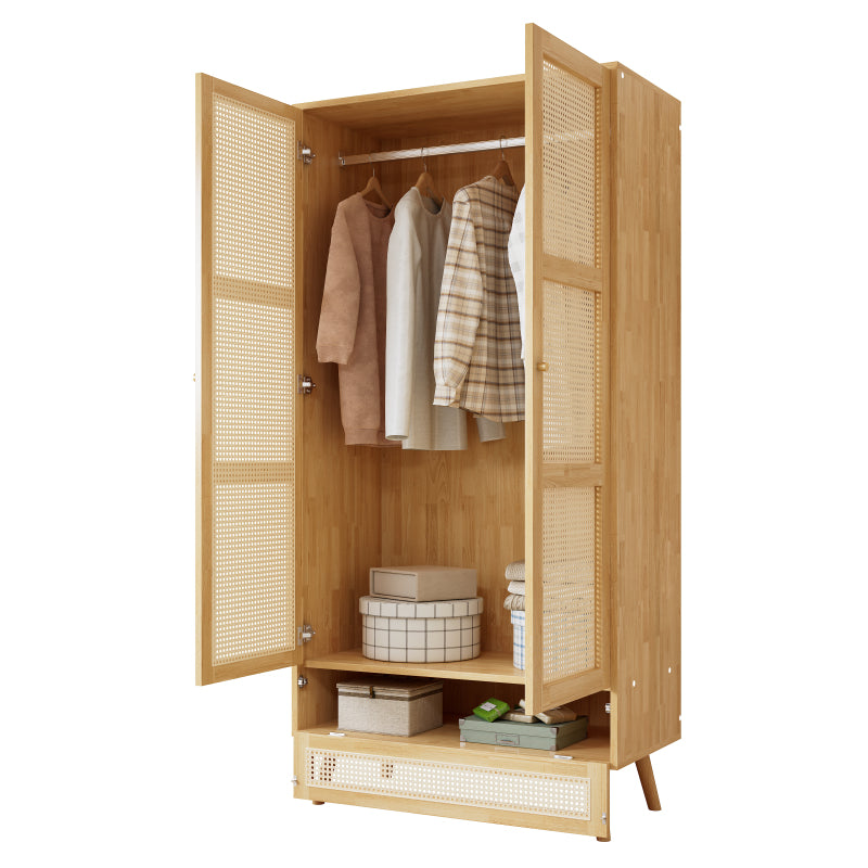 Kleiderschrank mit Stange, 2-türiger Kleiderschrank, Schlafzimmer, Rattannetz, Wohnzimmer, mit unterem Flip-Top-Deckel, Spanplatten+PE-Rattan, Natur