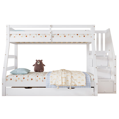 Etagenbett mit Rollbett, Kinderbett mit Leiterschrank und Handlauf, mit Fallschutzgitter an allen Seiten, Kiefer+MDF, Weiß, 90x190CM Rollbett, 90/120x200CM