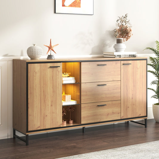 Sideboard mit drei Schubladen, exquisite Maserung. Modernes Sideboard in Holzfarbe mit Ablagefächern – stilvolle und funktionale Wohnmöbel. Schwarz und Holzfarbe.