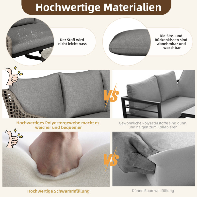 Gartenmöbel-Set für 6-7 Personen, Outdoor-Lounge-Set, Rattan-Handwerk, mit zwei Tischen, mit verzinktem Eisengestell, verstellbare Beine, inklusive aller Sitz- und Rückenkissen, grau