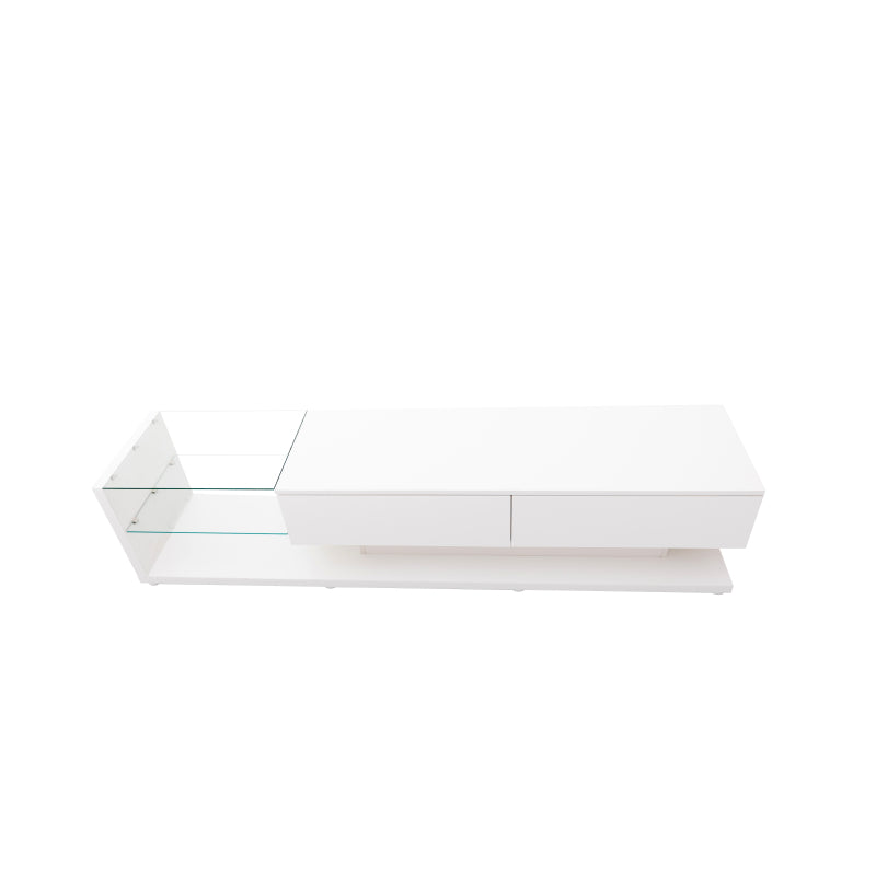 TV-Schränke, niedrige Paneele, hochglänzende weiße Glastrennwände und variable LED-Beleuchtung. Es verbindet natürlichen, rustikalen Stil mit modernem Design.