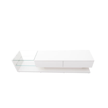 TV-Schränke, niedrige Paneele, hochglänzende weiße Glastrennwände und variable LED-Beleuchtung. Es verbindet natürlichen, rustikalen Stil mit modernem Design.