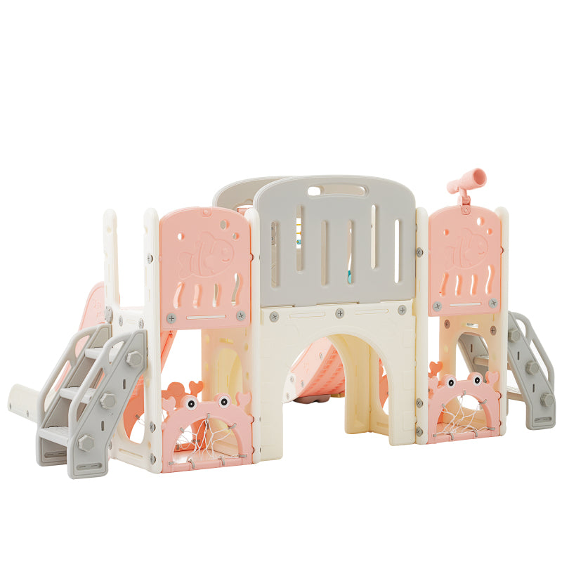Kinderspielplatz-Set 8-in-1, Freistehendes Meerestier-Motiv-Set mit Rutsche, Bogentunnel, Basketballkorb und Teleskop, Doppelte Rutschen für Kleinkinder, Klettergerüst für Kinder