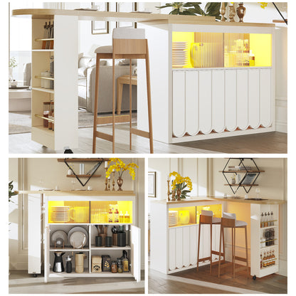 Ausziehbarer Bartisch 135-205cm mit LED & USB, Mobiler Hochtisch Weiß, Teleskop-Kücheninsel mit Glas-Schiebetür & Soft-Close, Gestreift
