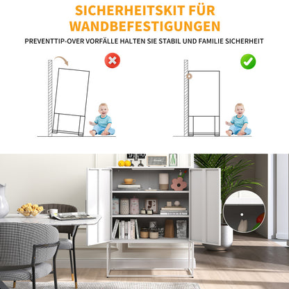 Metall-Sideboard,Lagerschrank– 2 Regale, Freistehender Stahlschrank, Magnettüren, Anti-Kipp-Sicherung, Wohnzimmer, Küche, Büro, Weiß, H 109 cm × B 85 cm × T 40 cm