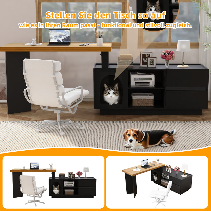 Eckschreibtisch mit integriertem Tierhaus, L-förmig oder einteilig, flexible Montage, Eckschreibtisch für Home Office mit XL-Tierhöhle, Black