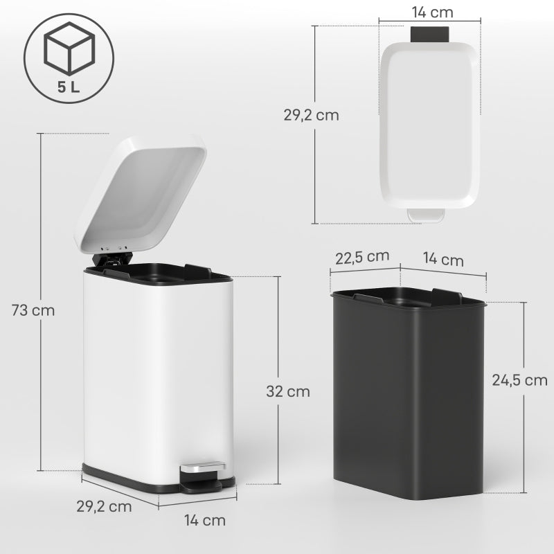 Mülleimer 5L Treteimer mit Deckel und Fußpedal, Müllbehälter mit Inneneimer, Badezimmer-Mülleimer für Wohnzimmer, Büro, Metall, Weiß