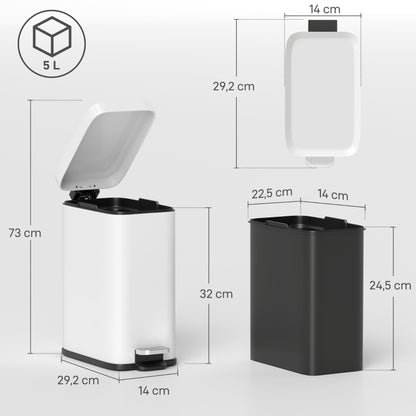 Mülleimer 5L Treteimer mit Deckel und Fußpedal, Müllbehälter mit Inneneimer, Badezimmer-Mülleimer für Wohnzimmer, Büro, Metall, Weiß