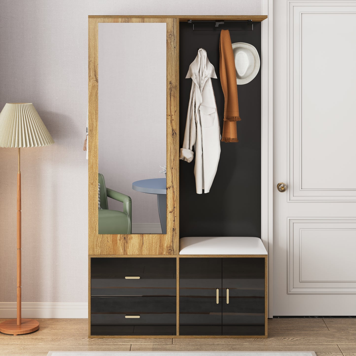 Elegantes Kleiderschrank Set in Schwarz und Holzfarbe mit Spiegel, Schuhschrank, Schuhbank mit Haken und ausziehbaren Kleiderbügeln.
