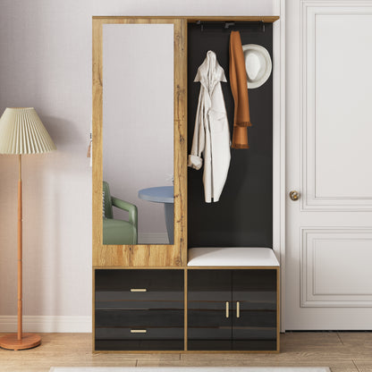 Elegantes Kleiderschrank Set in Schwarz und Holzfarbe mit Spiegel, Schuhschrank, Schuhbank mit Haken und ausziehbaren Kleiderbügeln.