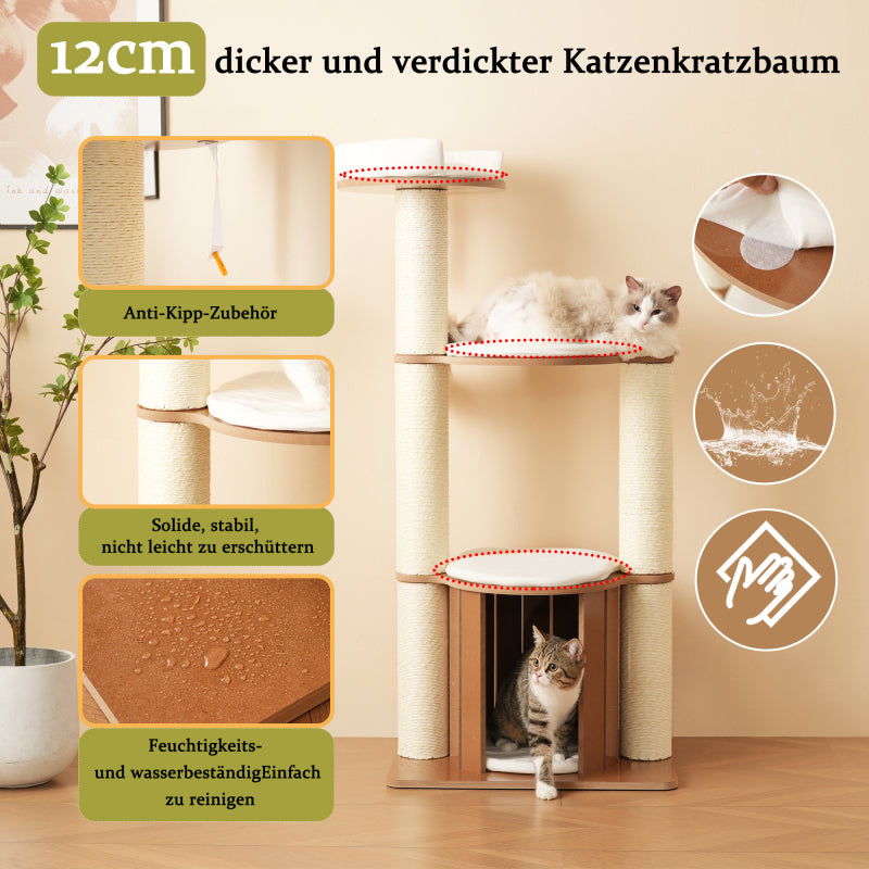 Katzenkratzbaum mit XXL-Stamm, 3-stufige Plattformen, 1 Katzenhaus, herausnehmbare Matten und Kippschutz,Wasserdicht und feuchtigkeitsbeständig