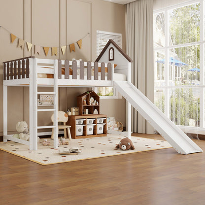 Hochbett, Mit Dach und Fenster, Mit dreistufiger gerader Leiter, Jugendbett, Kinderbett mit Rutsche,  Kiefer+MDF, Weiß+Walnuss, 90x200cm