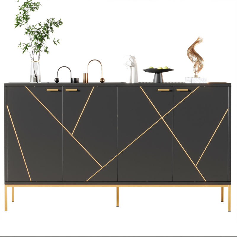 Sideboard mit vier Türen, Metallfüßen, TV-Schrank, Kleiderschrank,  geradliniges Design mit Metalllinien-Dekor, Schwarz+Golden
