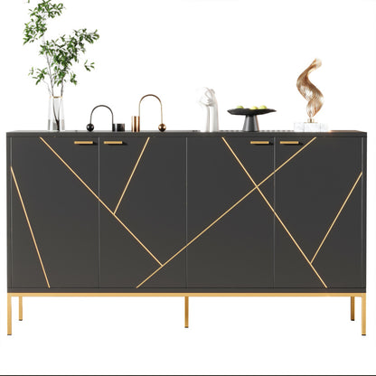 Sideboard mit vier Türen, Metallfüßen, TV-Schrank, Kleiderschrank,  geradliniges Design mit Metalllinien-Dekor, Schwarz+Golden