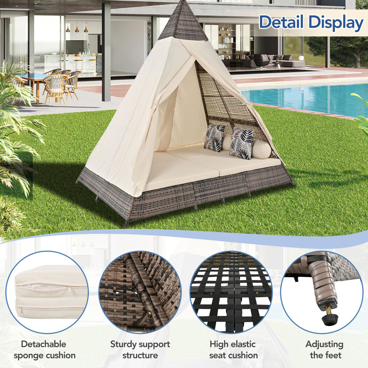 Gartenlounge-Set, Rattanzelt, geeignet für 2–4 Personen, inklusive aller Sitzkissen und Kissen, graues Rattan, beiger Türvorhang, Sitzkissen mit Reißverschluss, daher abnehmbar und waschbar