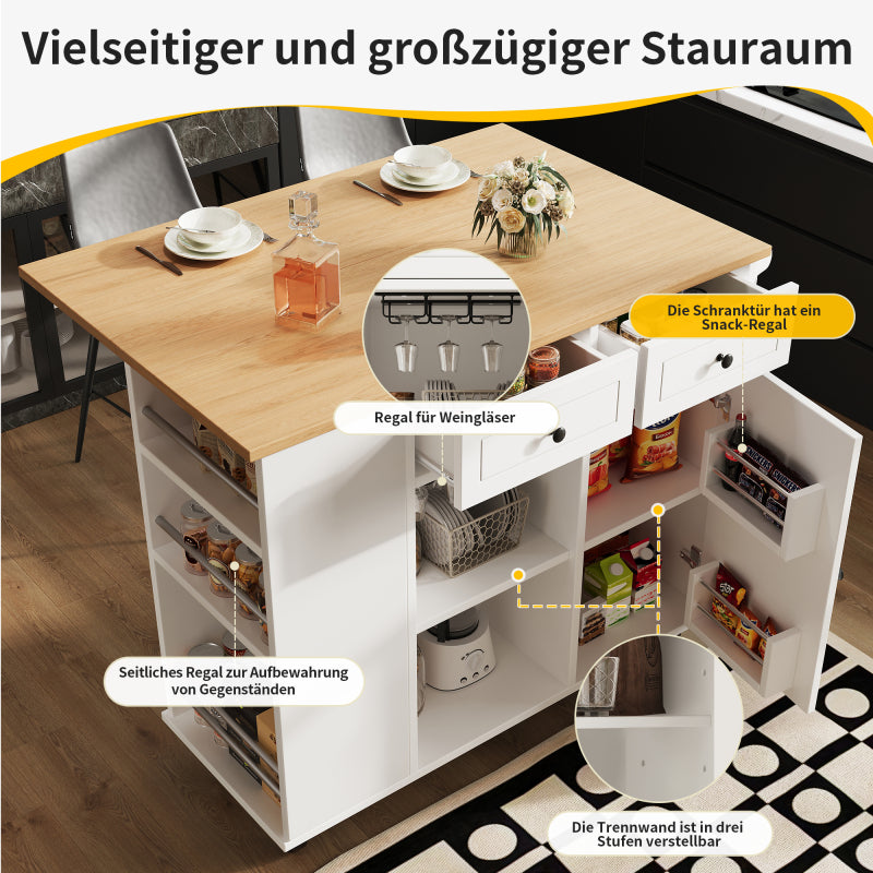 Kücheninsel mit herausnehmbaren Trennwänden, Küchenschrank, Esszimmerwagen mit Arbeitsplatte, Buffetschrank, Esszimmerwagen mit Holzmaserung, ausgestattet mit Snackhalter und Weinglasregal, weiß