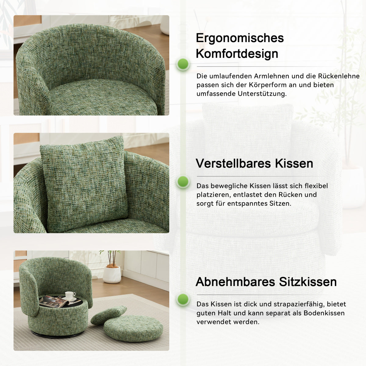 360° Drehsessel Chenille (Grün) – Modern, Rund & Bequem für Leseecke, Wohnzimmer