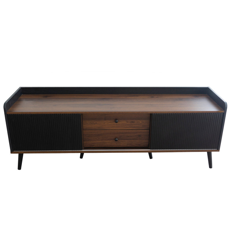 TV-Schrank mit zwei Schubladen, Fernsehtisch TV Board, TV- Lowboard niedrige Platte mit zwei Schiebetüren. Exquisite Textur. Schwarz und natürliches Holzfarbe. H58/L160/T40 cm