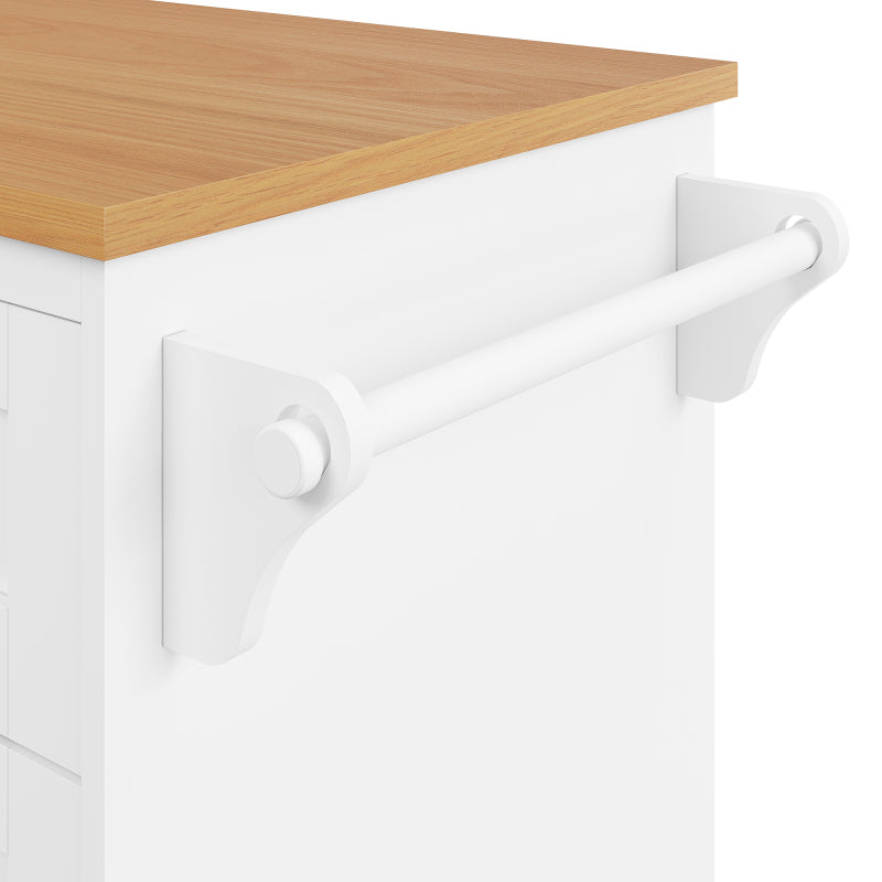 Esszimmerwagen (129 x 46 x 92 cm), modernes minimalistisches Weiß, mobiler Küchen-Esswagen mit Schubladen und Lagerschränken, hellbraune Holzarbeitsplatte, passend für moderne Wohnungen