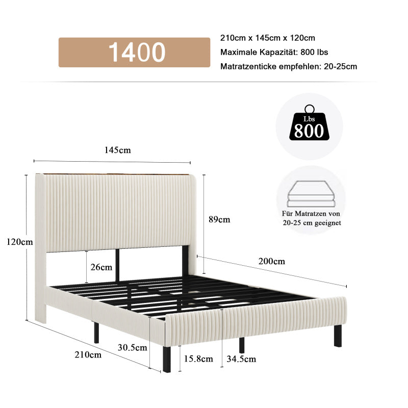 Bettrahmen gepolstertes Plattformbett mit Stoffköpfchen, Flügelkantendesign/Nicht-Rutscht- und Rauchfreien/Metalllatten/No BoxSpre 140*200