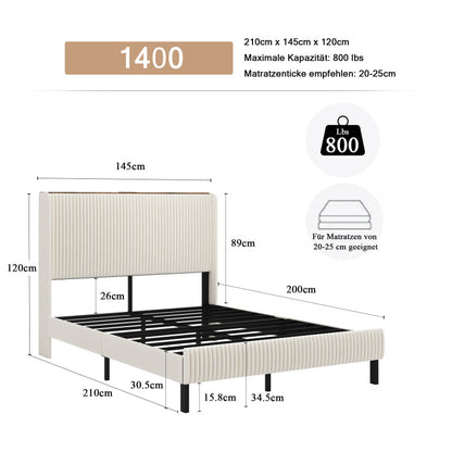 Bettrahmen gepolstertes Plattformbett mit Stoffköpfchen, Flügelkantendesign/Nicht-Rutscht- und Rauchfreien/Metalllatten/No BoxSpre 140*200
