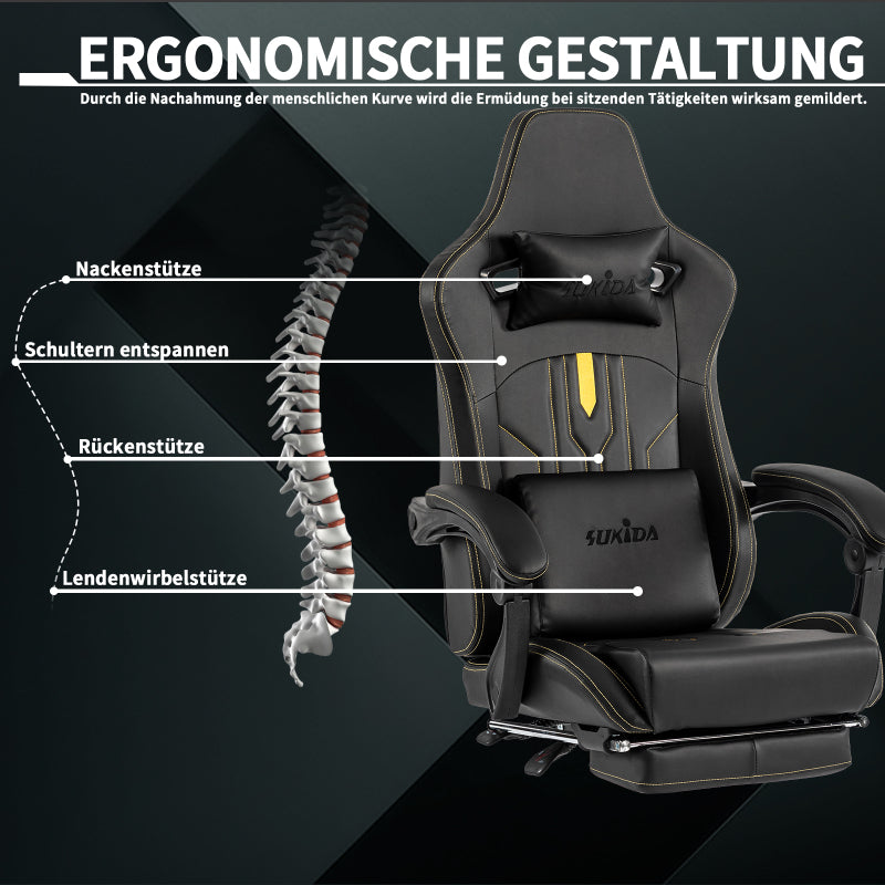 Gaming Stuhl Computerstuhl Ergonomischer Gaming Chair mit Fußstütze Bürostuhl Ergonomischer Computerstuhl mit Lendenwirbelstütze Schwarz