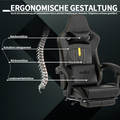 Gaming Stuhl Computerstuhl Ergonomischer Gaming Chair mit Fußstütze Bürostuhl Ergonomischer Computerstuhl mit Lendenwirbelstütze Schwarz