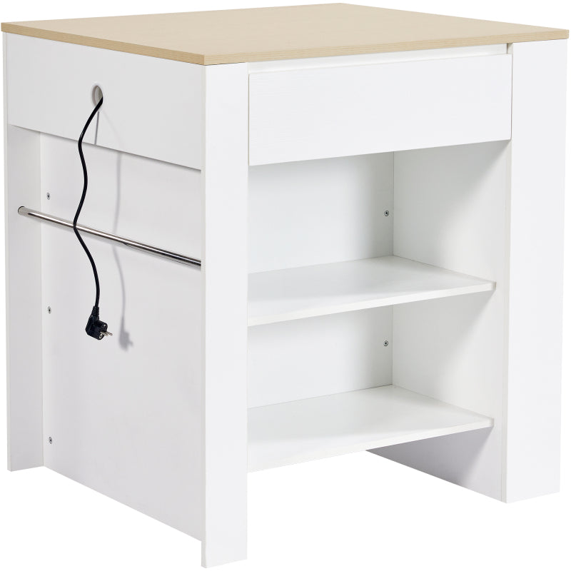 Ausziehbarer Bartisch mit Stauraum(110-124×78×97.5cm), für 2-6 Personen, Kücheninseln mit 2 Schubladen, 2 seitliche offene Regale und eingebaute Steckdose,Tischplatte aus weiß marmoriertem MDF,Weiß