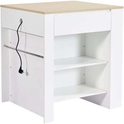 Ausziehbarer Bartisch mit Stauraum(110-124×78×97.5cm), für 2-6 Personen, Kücheninseln mit 2 Schubladen, 2 seitliche offene Regale und eingebaute Steckdose,Tischplatte aus weiß marmoriertem MDF,Weiß