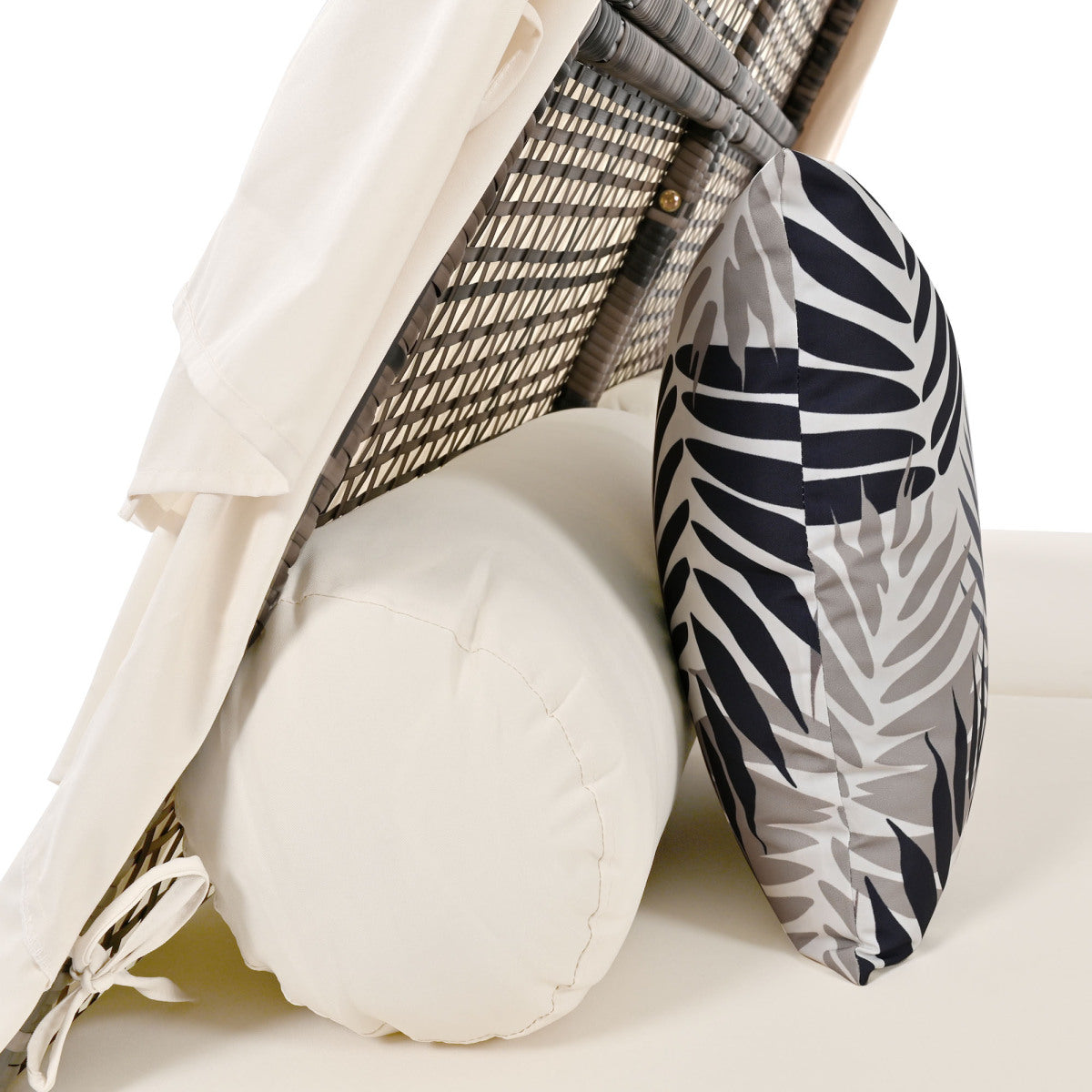 Gartenlounge-Set, Rattanzelt, geeignet für 2–4 Personen, inklusive aller Sitzkissen und Kissen, graues Rattan, beiger Türvorhang, Sitzkissen mit Reißverschluss, daher abnehmbar und waschbar