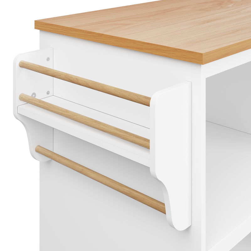 Esszimmerwagen (129 x 46 x 92 cm), modernes minimalistisches Weiß, mobiler Küchen-Esswagen mit Schubladen und Lagerschränken, hellbraune Holzarbeitsplatte, passend für moderne Wohnungen