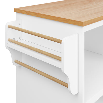 Esszimmerwagen (129 x 46 x 92 cm), modernes minimalistisches Weiß, mobiler Küchen-Esswagen mit Schubladen und Lagerschränken, hellbraune Holzarbeitsplatte, passend für moderne Wohnungen