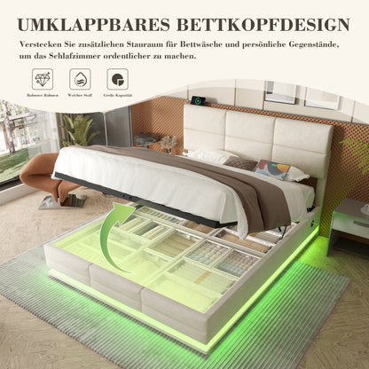 180x200 cm Modernes Velours-Polsterbett mit höhenverstellbarem Kopfteil - Inkl. USB/Type-C-Anschlüssen, LED-Ambientebeleuchtung, hydraulischem Lift-System & XXL-Stauraum (ohne Matratze) - Beige