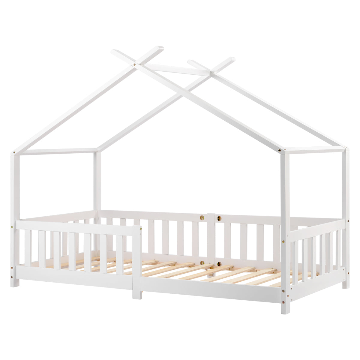 Hausbett 90x200 Weiß, Kinderbett mit Rausfallschutz & Lattenrost, Abenteuerbett Kiefer Massivholz