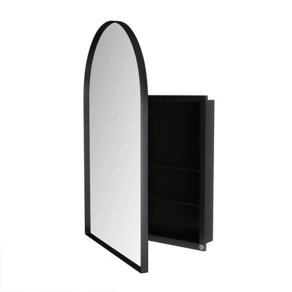 Stylish Arched Mirror Cabinet, Recessed Medicine Cabinet, Wall Cabinet with Metal Framed, Mirror and Adjustable Shelves, Mirror Cabinet with Storage for Bathroom, Living Room and Bedroom, Black