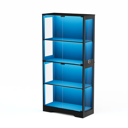 Glasvitrine Schwarz 165 cm hoch, Vitrinenschrank mit LED (3 Farben) & Bewegungssensor, 4 verstellbare Böden