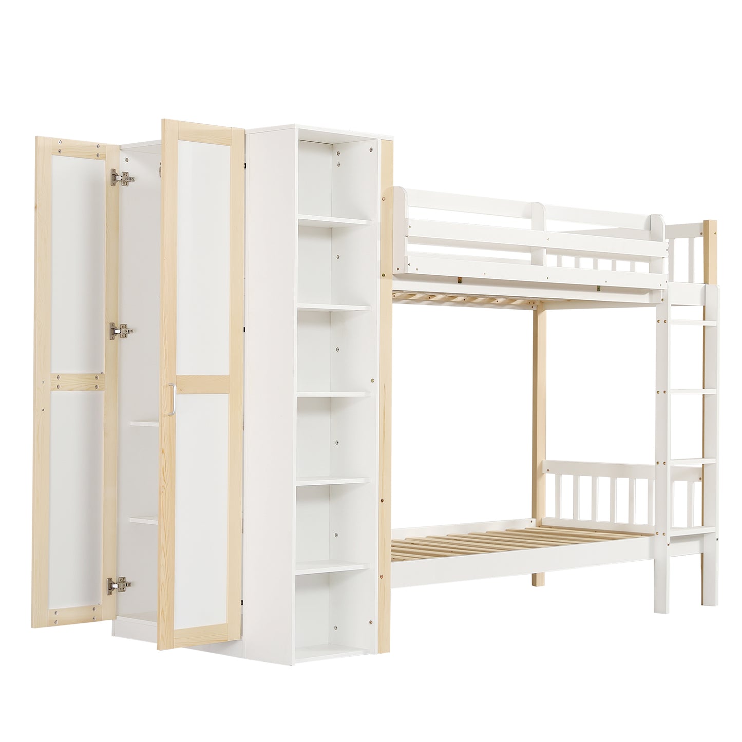 Etagenbett, Kinderbett mit Fallschutz und Gitter, mit 4-stufiger Leiter, 6 offenen Regalen, Kleiderschrank seitlich, Reichlich Stauraum,  Kiefer+PB, Weiß+Natur,  90x200cm