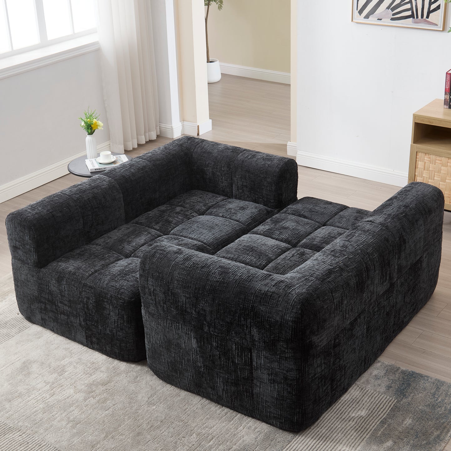 Modernes Sektionssofa, L-Sofa, 3-Sitzer-Sofa, keine Installation erforderlich, Chenille-Sofa mit Chaiselongue und Armlehnen, 3 Kissen, Seitentasche für Fernbedienung, Schwarz