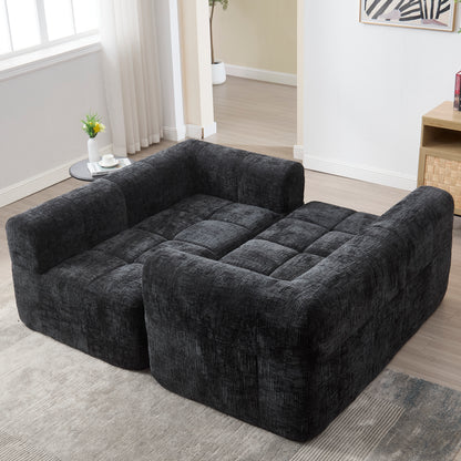 Modernes Sektionssofa, L-Sofa, 3-Sitzer-Sofa, keine Installation erforderlich, Chenille-Sofa mit Chaiselongue und Armlehnen, 3 Kissen, Seitentasche für Fernbedienung, Schwarz