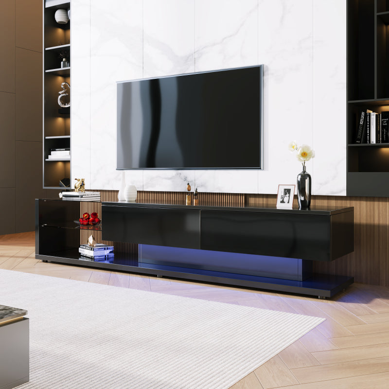 TV-Schränke, Lowboards, Hochglanz-Wohnzimmermöbel. Glastrennwände und variable LED-Beleuchtung. Es verbindet natürlichen, rustikalen Stil mit modernem Design.