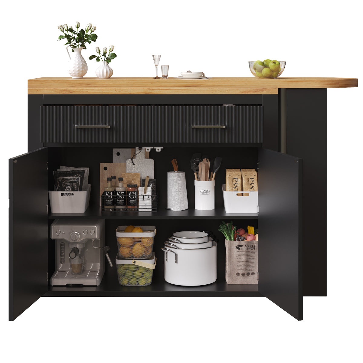 Ausziehbarer Bartisch Schwarz (137-215cm) - Moderner Teleskop-Hochtisch mit Schublade & Regalen - Bewegliche Kücheninsel & Bistro Table