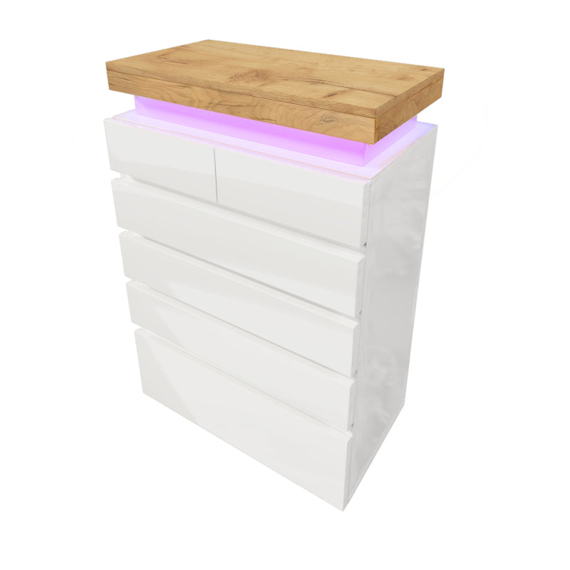 Kommode, Hochglanz Sideboard mit 6 Schubladen, LED Beleuchtung (App Control), Mehrzweckschrank für Wohnzimmer und Schlafzimmer, 115 x 73 x 39 cm, Weiß