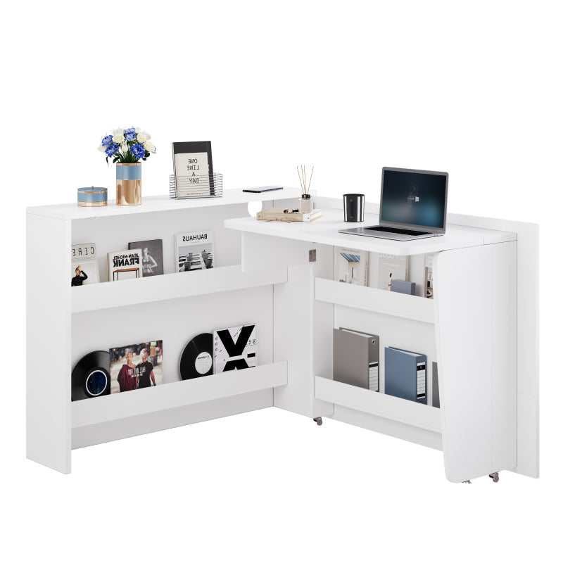 Faltbarer Schreibtisch mit Rollen & Wireless Charger–2-in-1 Sideboard & Arbeitsplatz, 115×27×93 cm (geschlossen, 95×51cm) White