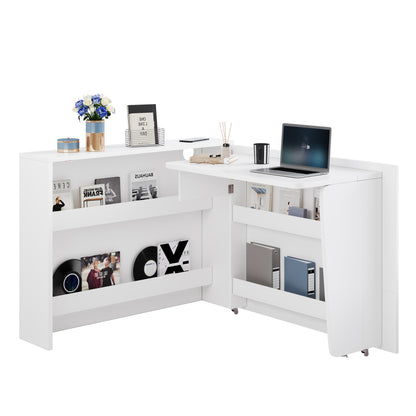 Faltbarer Schreibtisch mit Rollen & Wireless Charger–2-in-1 Sideboard & Arbeitsplatz, 115×27×93 cm (geschlossen, 95×51cm) White