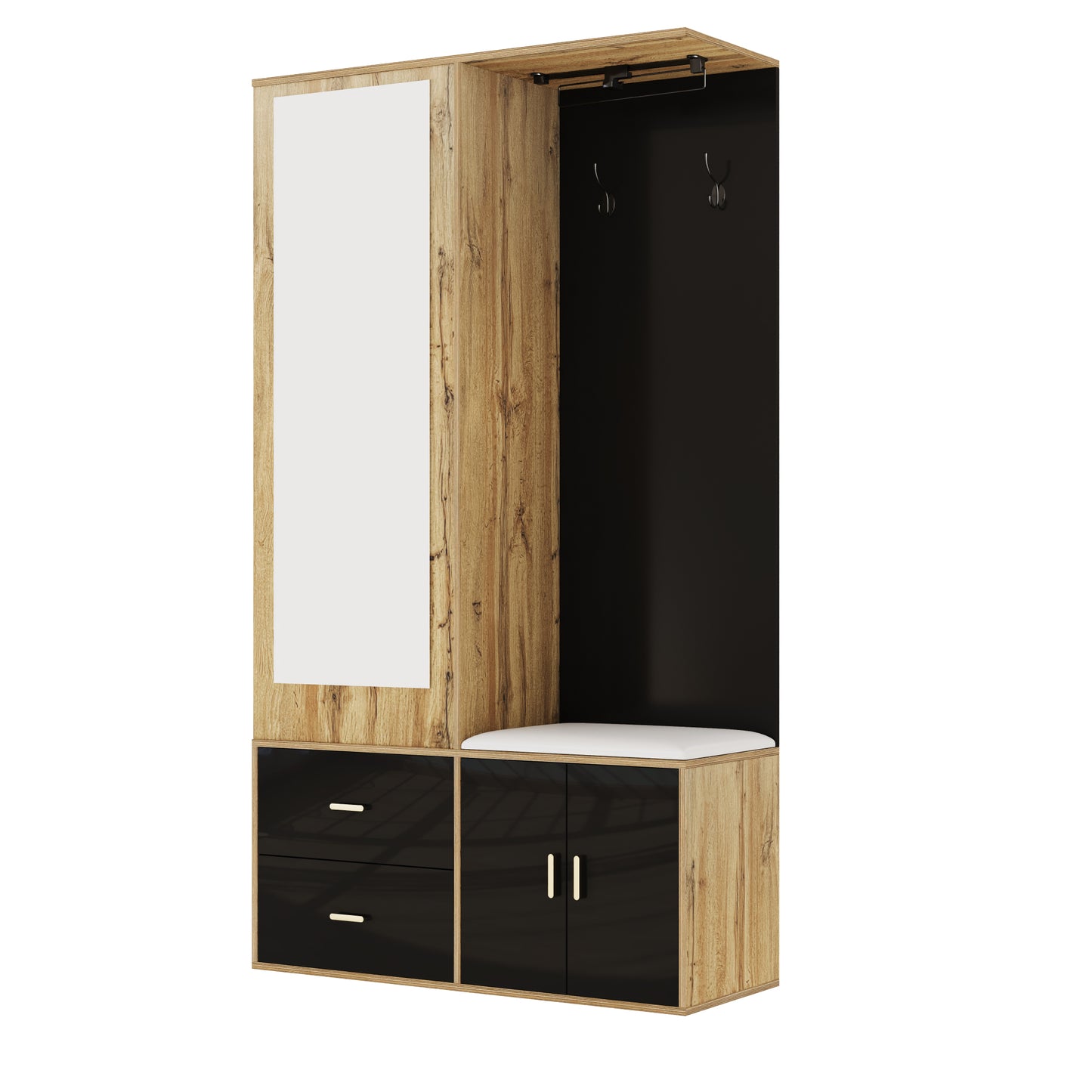 Elegantes Kleiderschrank Set in Schwarz und Holzfarbe mit Spiegel, Schuhschrank, Schuhbank mit Haken und ausziehbaren Kleiderbügeln.