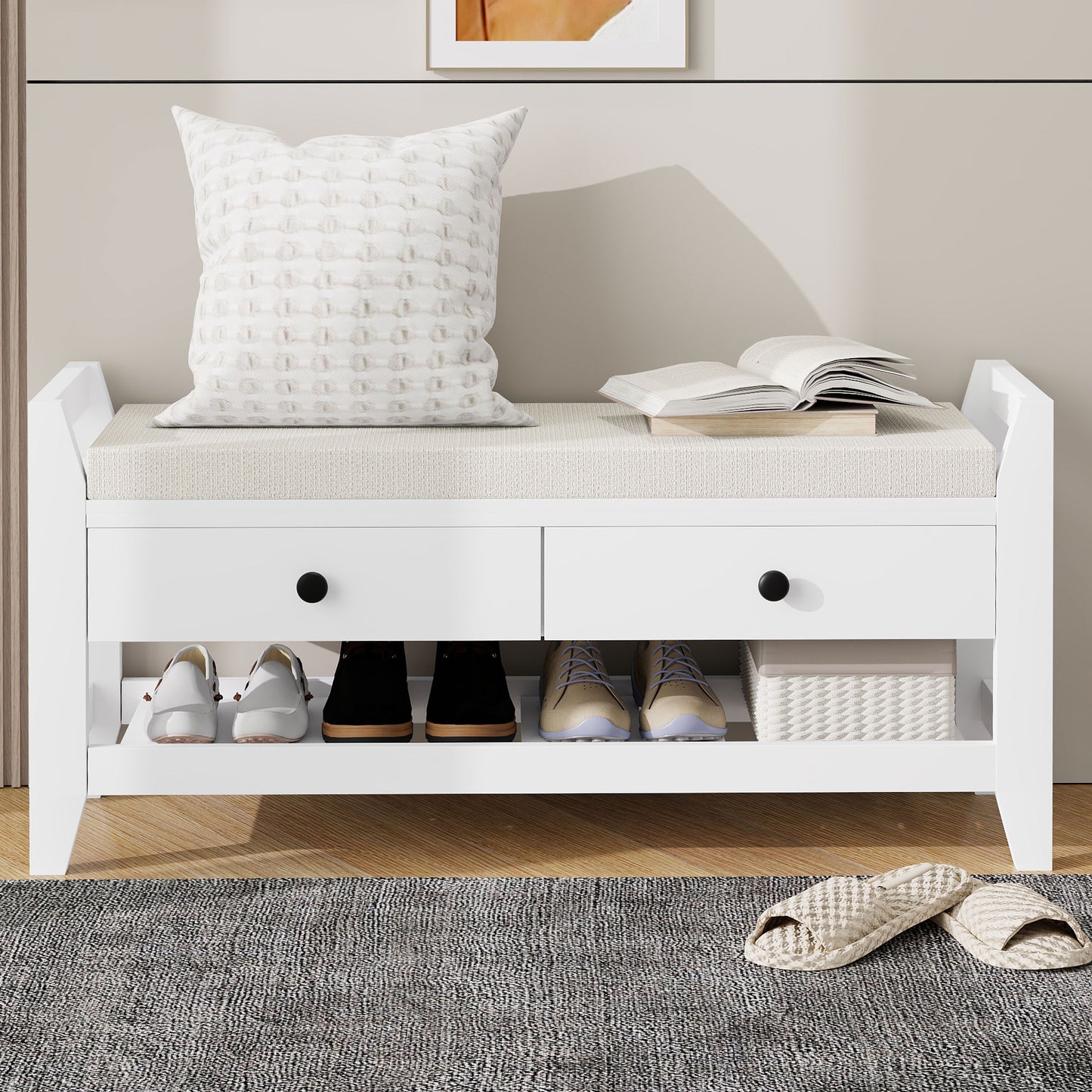 Moderne Schuhbank mit Sitzfläche und Stauraum, Soft Kissen-Oberfläche, Schuhregal für Eingangsbereich, Weiß